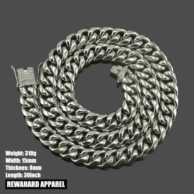 Heavy Stainless Steel Cuban Diamond Clip Chain Necklace - 15mm Width