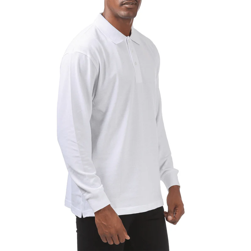 Pro Club Men's Pique Polo Cotton Long Sleeve Shirt - WHITE - Image 2