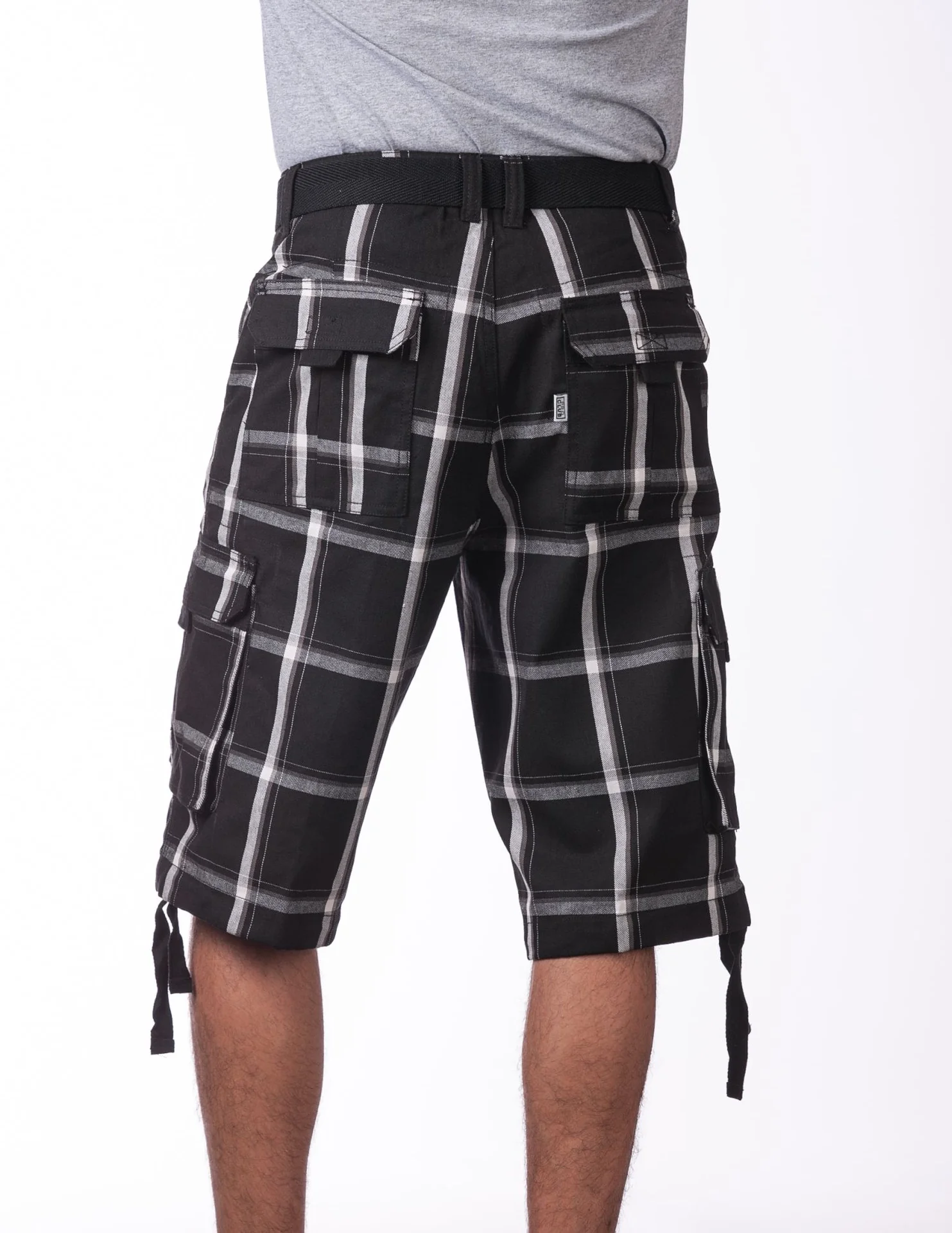 Pro Club Twill Cargo Shorts with Belt - BLACK PLAID - Image 4