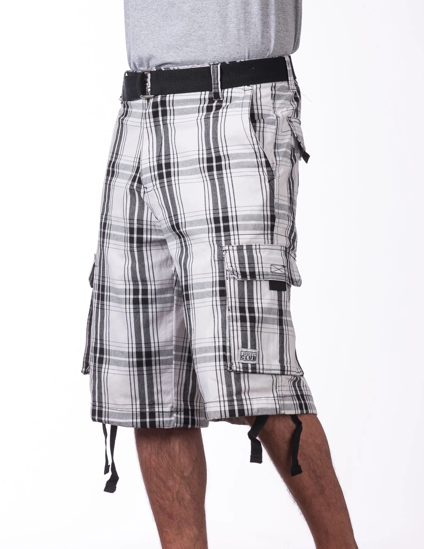 Pro Club Twill Cargo Shorts with Belt - WHITE PLAID - Image 3