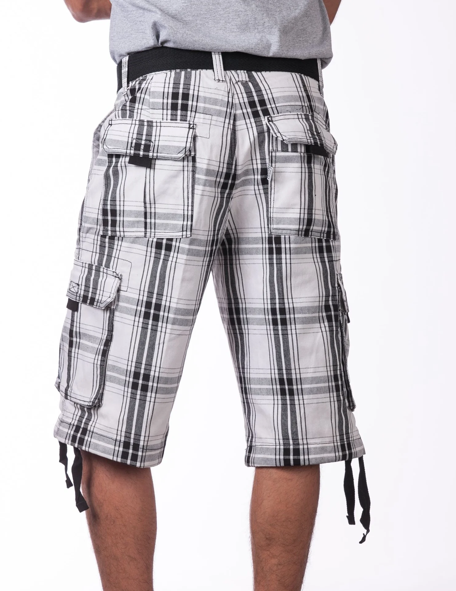 Pro Club Twill Cargo Shorts with Belt - WHITE PLAID - Image 4